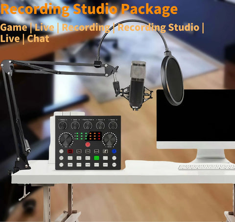 BM-800 Podcast Gear Bundle with mic stand, pop filter, and V8s audio interface on a desk for real-time voice effects