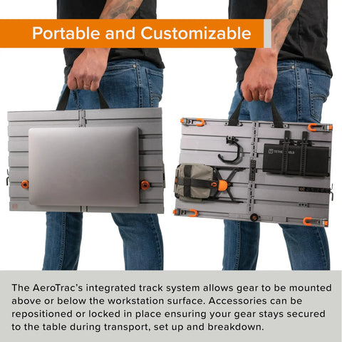 AeroTrac Foldable Laptop Tray For Tripod Mounting On The Go Video And Photography Workstation with modular rail system, folded view