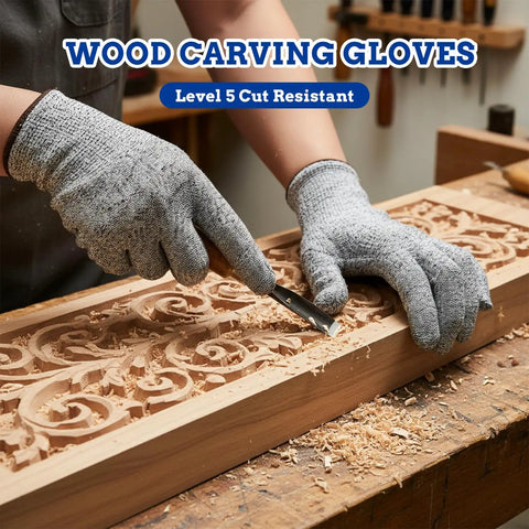 Hands wearing Level 5 Cut Resistant Gloves For Chefs And Butchers With Food Grade Puncture Resistant Safety, carving wood.