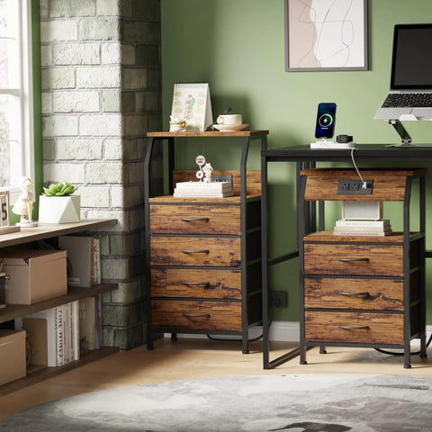Night Stand With Built In Charging Station And USB Ports, 28.3 Inch Tall Bedside Table With Wood Shelf And 3 Fabric Drawers, Rustic Brown