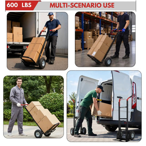 Heavy Duty Aluminum Hand Truck With 600 Pound Capacity And 10 Inch Pneumatic Tires For Extendable Base Platform Hauling and Hella Smooth Zero Sweat Household Moving transporting boxes outdoors and indoors.