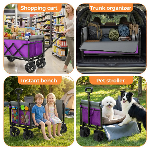 Lightweight Foldable Wagon Cart With Removable Side for shopping, trunk organizing, instant bench, and pet stroller in use.
