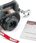 Beefy Corded Electric Drill Powered Winch With 750 Lb Pull 40 Ft Steel Rope Fairlead Hook and user manual visible
