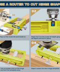 Step-by-step use of Door Hinge Mounting Template Kit Green for 3-5 Inch Hinges, 90 Degree Positioning with router and mortise opener.