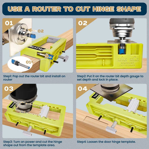 Step-by-step use of Door Hinge Mounting Template Kit Green for 3-5 Inch Hinges, 90 Degree Positioning with router and mortise opener.