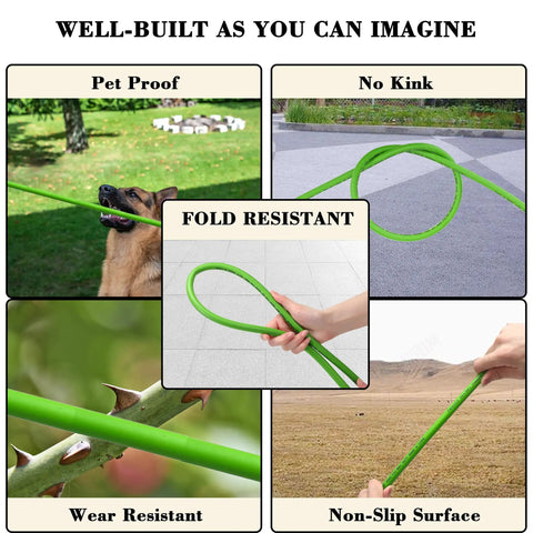 Collage showing Pressure Washer Hose Replacement 3600 PSI 1 Quarter Inch by 25 Feet flexible and durable features