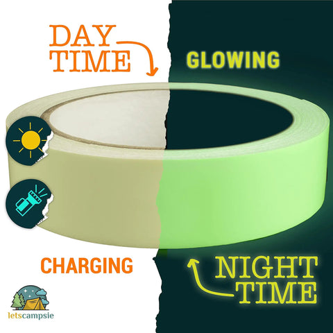 Half-charged Glow In The Dark Tape With 30 Feet Of 1 Inch Width Premium Industrial Grade showing daytime and nighttime usage.