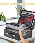 Open Ten Layer Fireproof Document Safe Box With Lock And Zippered Pockets, holding passport, cash, and documents on desk, black color.