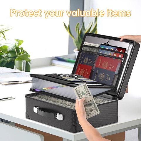 Open Ten Layer Fireproof Document Safe Box With Lock And Zippered Pockets, holding passport, cash, and documents on desk, black color.