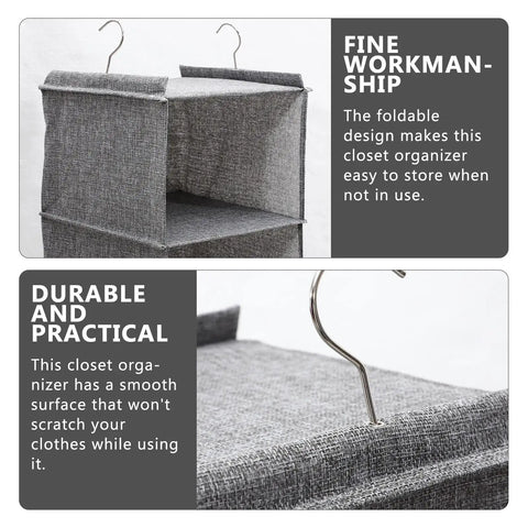 Three Tier Hanging Wardrobe Organizer With Slick Foldable Linen Fabric And Heavy Duty Hooks For Ultimate Closet Space Saving And Dorm Game Changer Essentials, grey linen design with hooks.