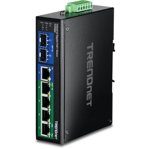 Workhorse Industrial Seven Port Gigabit PoE Plus DIN Rail Switch with 120W PoE Budget and IP50 Rating, front view