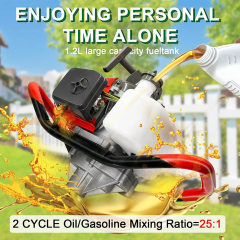 72cc Two Stroke Gas Powered Auger Post Hole Digger Kit engine with oil pouring and 1.2L fuel tank