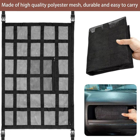 Heavy Duty Car Ceiling Cargo Net For Tesla Cybertruck double layer polyester mesh with zipper pocket and portable design.