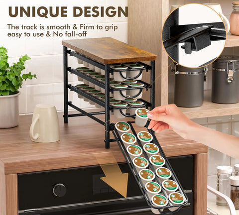 Universal Coffee Pod Holder With Two Multifunctional Storage Drawers for K-Cup pods in use on a kitchen countertop.