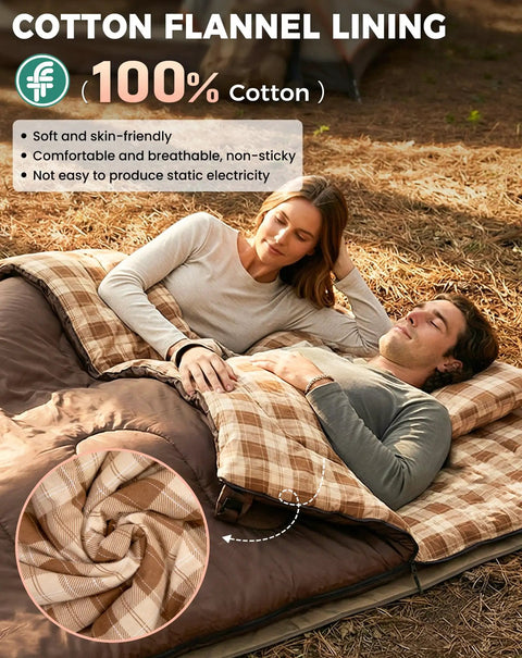 Couple in Two Person Queen Size XXL Flannel Sleeping Bag With Cotton Liner And Two Pillows, relaxing outdoors