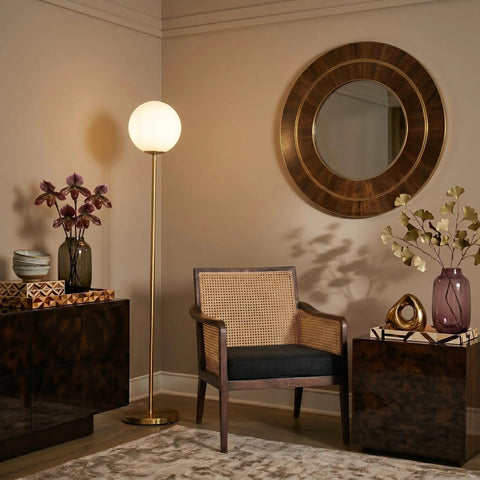 Luna LED Floor Lamp Dope Modern Tall Light For Living Rooms And Home Offices With Frosted Glass Globe Mid Century Style Standing Lamp In Brass Gold Finish Perfect For Reading In The Bedroom And Cozy Vibes in cozy living room setting