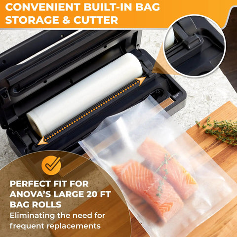 Precision Vacuum Sealer Pro For Sous Vide And Long Term Storage with built-in cutter, sealing salmon fillets in bag.
