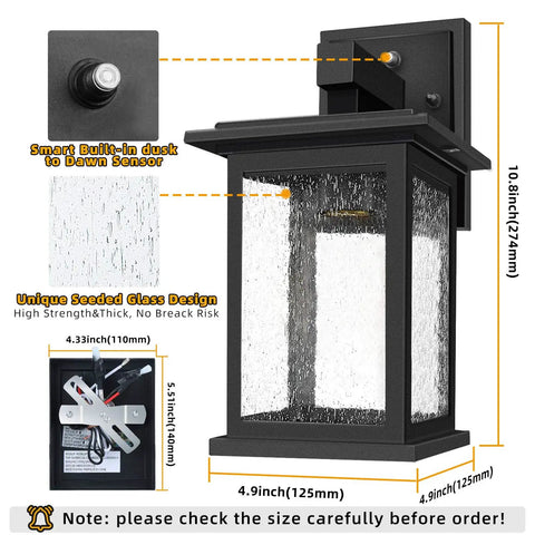2-Pack Dusk To Dawn Outdoor Wall Lights With Sensor And Seeded Glass, hands-free black aluminum lantern with dimensions