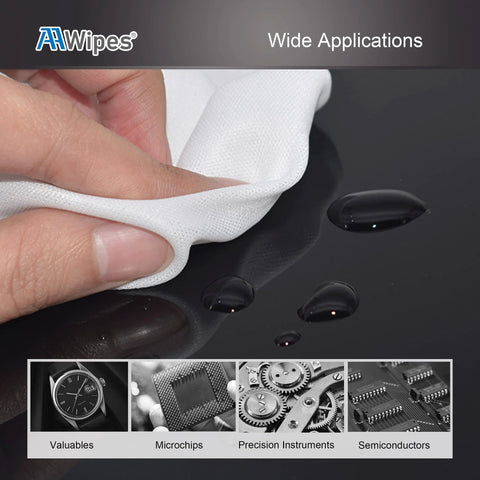 Front view of AAWipes cleanroom polyester wipe, 4x4 in white cloth, used to wipe a glossy black surface.