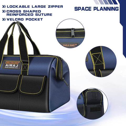 Two Pack Tool Bag Set 14 Inch And 16 Inch Portable Tool Bags With Wide Mouth And Multiple Pockets For Easy Tool Organization In Home Garage DIY Projects Pro Grade Durable Tote For Men And Women blue-black tool bag with zipper, pockets, and reinforced handle
