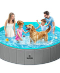 Family and dog playing in a Foldable Dog Pool Portable Hard Plastic Kiddie Bath Tub For Pets And Kids Anti Slip Collapsible Indoor Outdoor