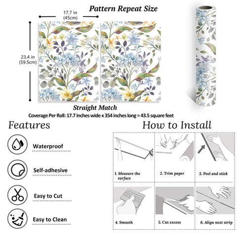 Blue Hydrangea Floral Peel And Stick Wallpaper For Bathroom And Bedroom Vinyl Self Adhesive Wall Covering 17.7 Inch Wide By 354 Inch Long Roll About 43.5 Sq Ft Removable Matte Finish Water Resistant Easy Diy Decor For Cabinets Shelves Or Any Space with features and installation steps.