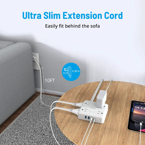 Ultra Thin Flat Plug Surge Protector Power Strip With 10ft Cord Eight Outlets and USB Ports behind sofa