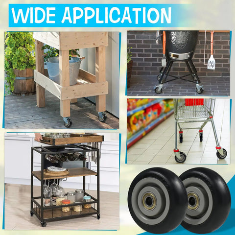 Various uses of 8 Piece 4 Inch PU Caster Wheels Kit for carts, shelves, and cargo trucks.