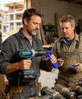 Heavy Duty Angle Grinder And Saw Cutter Featuring Field Ready Drill Bit Sharpening Tool With Brown Fused Alumina Wheel And Antislip Hex Shank For No Sweat Operation And Hard Core Trade Repairs in workshop with two men discussing tools.