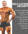 Premium Genuine Leather Weightlifting Belt 6 Inch Wide on muscular athlete demonstrating self locking buckle for secure lifting.