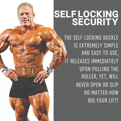 Premium Genuine Leather Weightlifting Belt 6 Inch Wide on muscular athlete demonstrating self locking buckle for secure lifting.