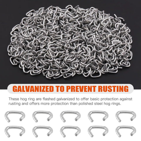 Pile of galvanized 3/8 inch hog rings from Three Eighth Inch Hog Ring Kit With One Thousand Galvanized Hog Rings, Pro Hog Ring Plier, And Cut Resistant Gloves For Bungee, Fencing, Pet Cages, Bagging And Furniture Repair