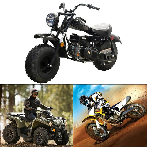 Collage of a black mini bike, an ATV with rider in forest, and a dirt bike in action for 70 Inch Braided Hydraulic Brake Hose Line uses.
