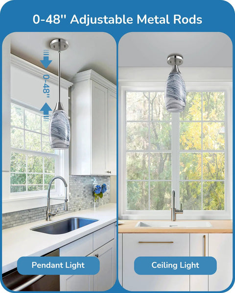 Modern Hand Blown Gray Marble Glass Pendant Light For Kitchen Island With Brushed Nickel Finish shown in adjustable height setup.