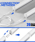 T5 4Ft LED Shop Light 6 Pack, 6500K Dope Bright White 2200 Lumens, 20W Linkable Utility Lights with connection methods shown