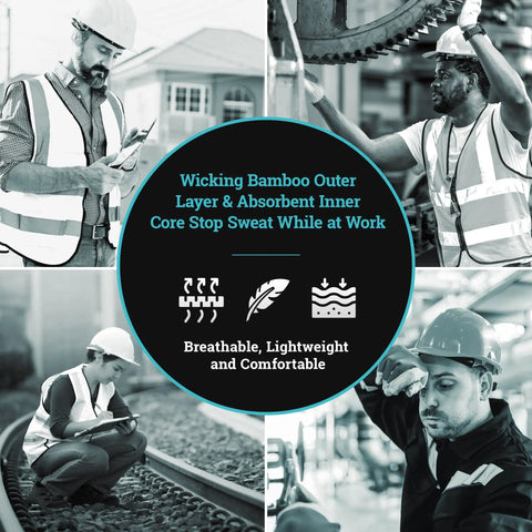 Workers using extreme sweat absorbing hard hat liner sweatband with quick dry cooling for construction sites