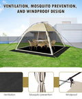10x10 Screen Tent With Removable Floor For Backyard Parties set up in a yard, showing mosquito netting and 360 degree ventilation.
