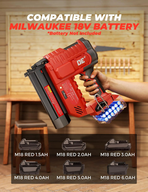 Built Tough 18 Gauge Cordless Brad Nailer And 2 In 1 Electric Stapler For Milwaukee 18V Batteries held with battery options shown.