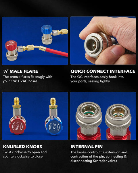 R134a Quick Coupler Adapters 2 Pack High Low Pressure Connectors for Auto AC Service, Adjustable Quick Couplers for Cars, Trucks, and SUVs, Durable Build, Leak Free Seal, Fits Most Systems, Easy Install showing 1/4" male flare and quick connect interface