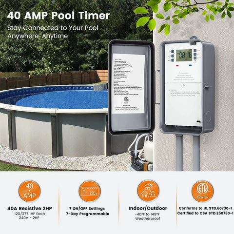 Heavy Duty 40 Amp Digital Pool Timer With 7 Day Programmable Schedule For Swimming Filters Hot Water Tanks And Spa Controls featuring weatherproof housing.