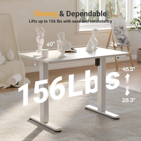 Electric Standing Desk With Three Memory Presets, 40 By 24 Inch Sit To Stand Desk, Quiet Motor in home office setting.