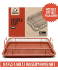 Copper Air Fryer Tray Set for Oven and Toaster Oven, 2 Piece Basket and Baking Pan with packaging shown