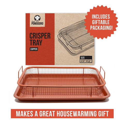 Copper Air Fryer Tray Set for Oven and Toaster Oven, 2 Piece Basket and Baking Pan with packaging shown