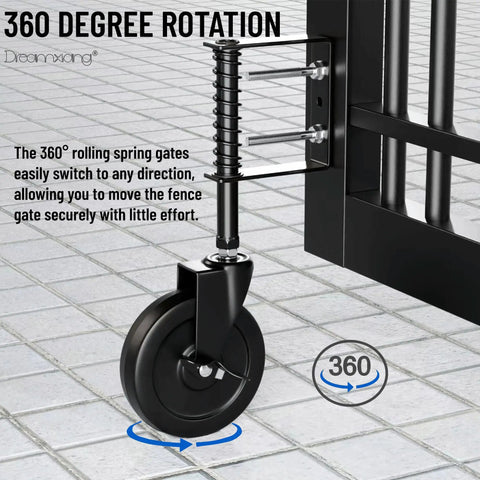 Heavy Duty 5 Inch Spring Loaded Gate Wheel Caster With Side Brake And Automatic Height Adjustment Built For No Sweat 360 Degree Swivel on a fence gate