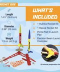 Rascal And Hijinks Prebuilt Rocket Launch Set For Beginners No Assembly Required Includes Launch Pad System Two Ready To Fly Model Rockets For Ages 10 Plus Great Starter Kit For Backyard Flights with rocket specifications and kit contents.