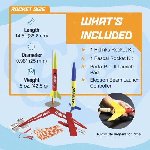 Rascal And Hijinks Prebuilt Rocket Launch Set For Beginners No Assembly Required Includes Launch Pad System Two Ready To Fly Model Rockets For Ages 10 Plus Great Starter Kit For Backyard Flights with rocket specifications and kit contents.