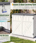 20 Cu Ft Outdoor Storage Cabinet With Adjustable Shelf And Lockable Doors, Weatherproof Resin Shed in garden setting