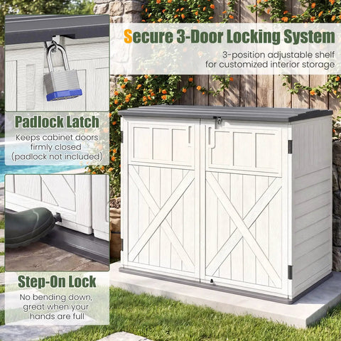 20 Cu Ft Outdoor Storage Cabinet With Adjustable Shelf And Lockable Doors, Weatherproof Resin Shed in garden setting