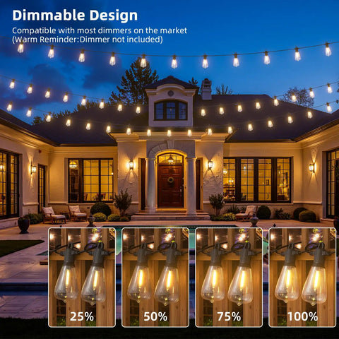LED Outdoor String Lights 100ft Waterproof Patio Lighting With 53 Shatterproof ST38 Edison Bulbs, 2700K Warm White, Dimmable Hanging Lights For Backyard, Porch, Gazebo, Party Vibes