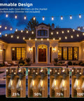 Outdoor String Lights 240 Ft Waterproof Patio Lights With 124 Shatterproof ST38 Edison Bulbs Warm White 2700K Dimmable shown lit across a patio.